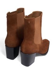 Light brown suede Chelsea boots with a block heel BUTYD-1352-1G(Z26), back view of the product on a white background.