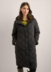 Women's black quilted jacket KURDT-0667-99(Z26), front view of the product on a model. Half of the silhouette visible.
