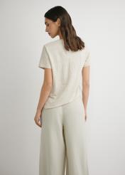 Light beige women's linen T-shirt TSHDT-0156-1A(W26), back view, against a light background. Knee-length silhouette visible.