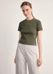 Women's khaki T-shirt TSHDT-0145-55(Z25), product visible from the front on the model, half of the silhouette visible.