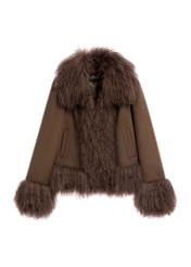 Brown women's wool fur coat FUTDW-0039-1I(Z26), front product view on white background.