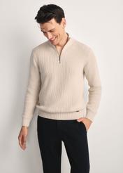 Beige men's sweater SWEMT-0175-80(Z25), front product view on the model. Half of the silhouette visible.