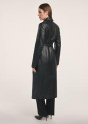 Black women's leather coat KURDS-0546-5344(Z25), product visible from the back on the model, the entire silhouette is visible.