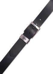 Men's smooth black leather belt PASMS-0163A-99(Z25), top view on a white background.