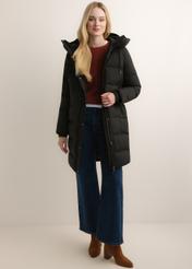 Black women's winter jacket with hood KURDT-0700-99(Z26), front product view on model. Full body visible.