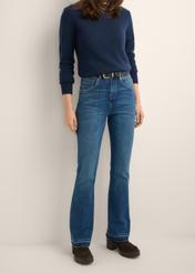 Women's navy blue denim pants JEADT-0017-7D(Z26), front view of the product on the model. Half of the silhouette visible.