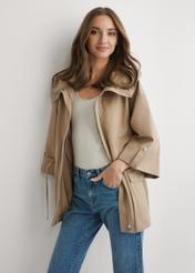 Women's beige transitional jacket KURDT-0661-1B(W26) - front view of the product, on a model, against a light background. Knee-length silhouette visible.