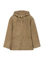 Brown women's wool coat with hood PLADT-0064-89(Z25), product view from the front on a white background.
