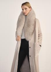 Light beige double-sided long women's sheepskin coat KOZDS-0089-3037(Z25) - front product view on white background. Knee-length silhouette visible.