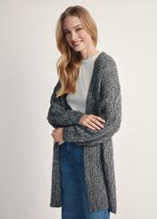 Long women's cardigan in graphite color KARDT-0055-95(Z25), product visible from the side on the model, half of the silhouette visible.