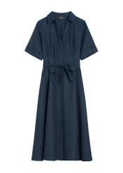 Dark navy linen midi shirt dress SUKDT-0281-7E(W26), front product view on white background.