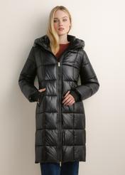 Black women's winter jacket KURDT-0677-99(Z26), front view of the product on the model. Half of the silhouette visible.