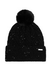 Black women's hat with sequins and pompom CZADT-0175-98(Z25), front product view on white background.