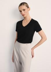 Black women's V-neck T-shirt TSHDT-0118A-99(Z25), front view of the product on the model. Half of the silhouette visible.