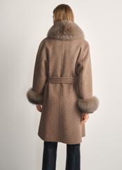 Long woolen women's fur coat in camel color FUTDF-0112-3181(Z25) - product view from the back on the model on a white background. Visible silhouette to the knee.