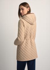 Beige women's quilted jacket KURDT-0646-1B(W26), back view of the product on the model. Half of the silhouette visible.