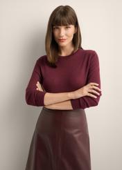 Burgundy wool sweater SWEDT-0267-4D(Z26), front view of the product on the model. Half of the silhouette visible.