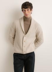 Light beige men's cardigan KARMT-0006-1A(Z26), front view on a model. Half of the figure is visible.