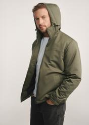 Men's khaki jacket KURMT-0386-54(Z25) - side view of the product on a model on a white background. Knee-length silhouette visible.