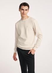 Beige men's cotton sweater SWEMT-0114A-1A(Z26), front product view on model. Half silhouette visible.