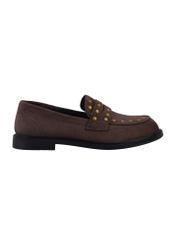 Dark brown suede women's moccasins BUTYD-1329-1I(Z26), side product view on white background.