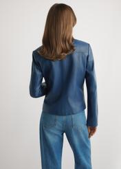 Navy blue women's leather jacket KURDS-0532-7D(W26) - back view of the product, on a model, against a light background. Half of the silhouette visible.