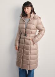 Beige women's long jacket KURDT-0603-82(Z25), front view of the product on the model. Half of the silhouette visible.