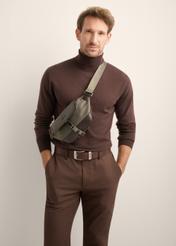 Men's khaki shoulder bag TORMN-0438-8B(Z26), front product view on a model's silhouette, on a light background.