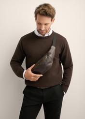 Men's brown leather waist bag TORMS-0523-1H(Z26), front product view on the model's silhouette.
