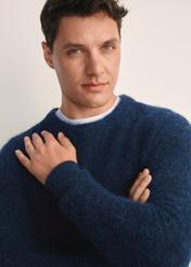 Navy blue men's wool sweater SWEMT-0171-68(Z25), close-up of the product on the model.