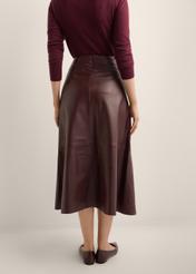 Burgundy leather midi skirt SPCDS-0077-4D(Z26), back view of the product on the model. Half of the silhouette visible.