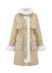 Long insulated women's jacket in beige KURDT-0548-81(Z24)-01