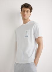 Men's white T-shirt with print TSHMT-0145-0A(W26), front view of the product on the model. Half of the silhouette visible.