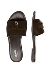 Women's suede slides in dark brown color BUTYD-1255-1I(W26), product view from above on a white background.