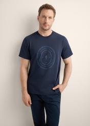 Men's navy blue cotton T-shirt with print TSHMT-0152-7E(Z26), front view of the product on the model. Half of the silhouette visible.