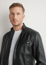 Black men's leather jacket KURMS-0400-99(W26), close-up of the product on the model's silhouette.