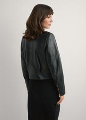 Women's vintage short leather jacket KURDS-0573-9J(W26), product view from the back on the model. Half of the silhouette visible.