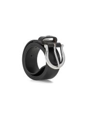 Black leather women's belt PASDS-0274-99(Z26), product view rolled diagonally on white background.