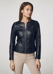 Women's waisted black leather jacket KURDS-0306-4229(Z22)-02