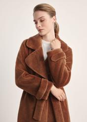 Long woolen fur coat in camel color  FUTDW-0019A-1D(Z26) - front view of the product on a model on a white background. Half of the silhouette visible.