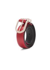 Burgundy women's leather belt PASDS-0159D-49(Z25), rolled-up product view on white background.