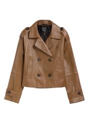 Women's short oversize leather jacket in camel color KURDS-0540-1D(W26), front product view on white background.