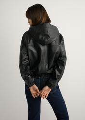 Women's black leather jacket with hood KURDS-0412-99(W26), back view of the product on the model. Half of the silhouette visible.