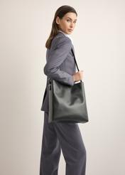 Black leather shopper bag TORES-1436-99(Z26), product view on model's shoulder. Half of silhouette visible.