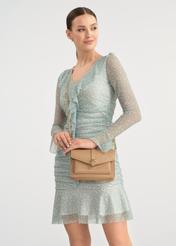 Small messenger bag in nude color TOREC-1004-82(W25) - front view on the model. Full silhouette visible.