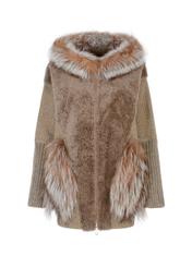 Beige and brown women's sheepskin coat with hood KOZDS-0053-1301(Z22)-05