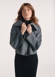 Short women's coat in gray PLADT-0066-91(Z25), product view from the front, half of the silhouette visible.