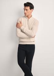 Beige men's sweater SWEMT-0175-80(Z25), front product view on the model. Half of the silhouette visible.