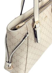 Cream shopper bag with monogram TOREC-1029-0P(W26) - close-up of the detail on a white background.