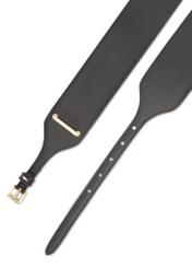 Black leather women's belt PASDS-0331-99(Z25), view of the buckle of the product on a white background.